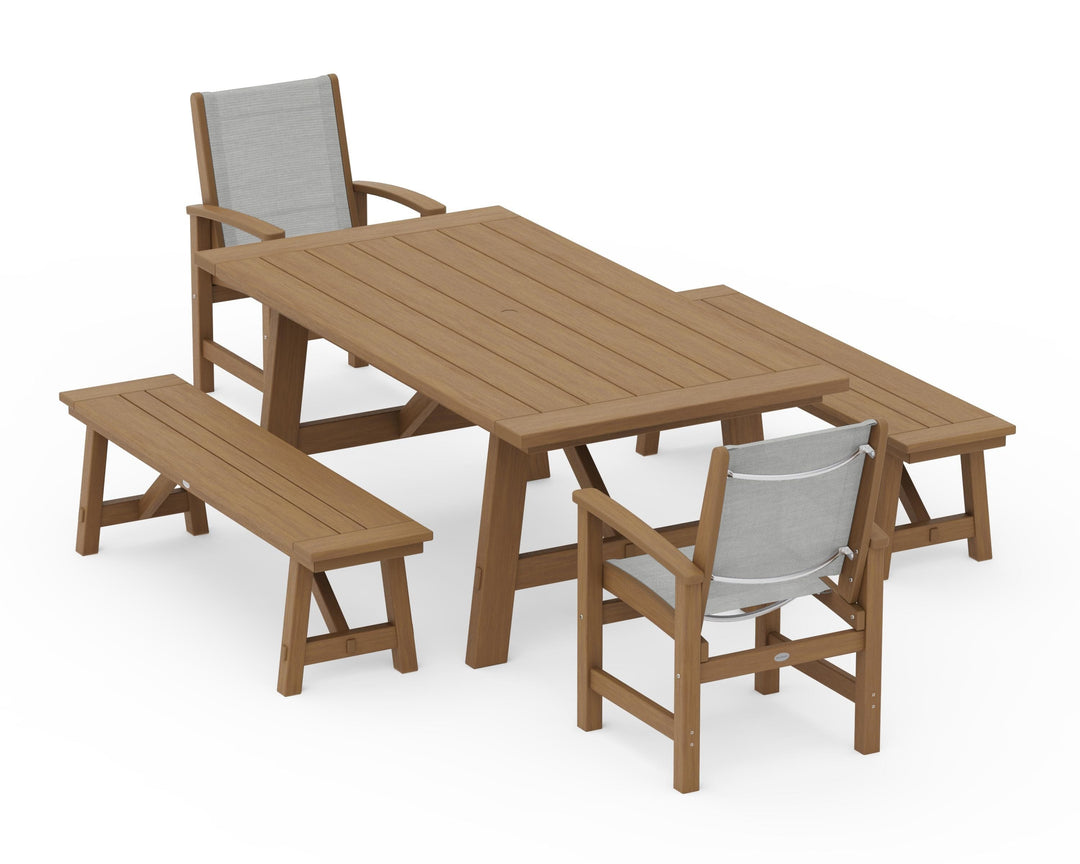 POLYWOOD® Coastal 5-Piece Rustic Farmhouse Dining Set With Benches