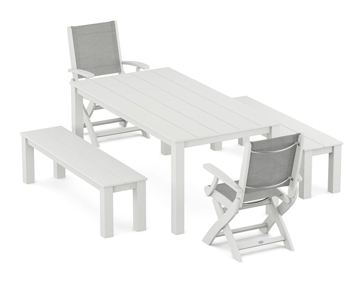 POLYWOOD® Coastal Folding Chair 5-Piece Parsons Dining Set with Benches