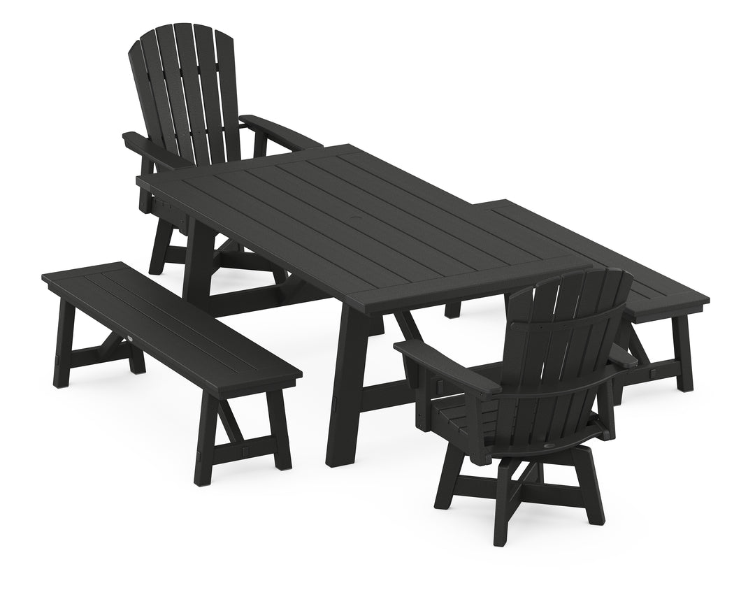 POLYWOOD® Nautical Curveback Adirondack Swivel Chair 5-Piece Rustic Farmhouse Dining Set With Benches