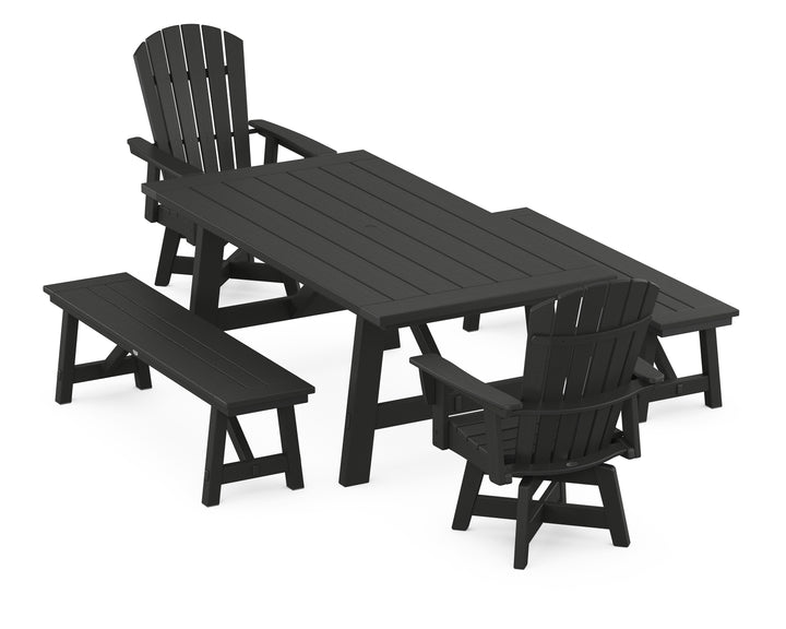 POLYWOOD® Nautical Curveback Adirondack Swivel Chair 5-Piece Rustic Farmhouse Dining Set With Benches