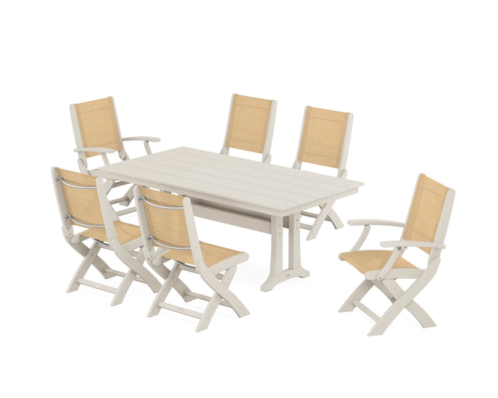 POLYWOOD® Coastal Folding Chair 7-Piece Farmhouse Dining Set with Trestle Legs