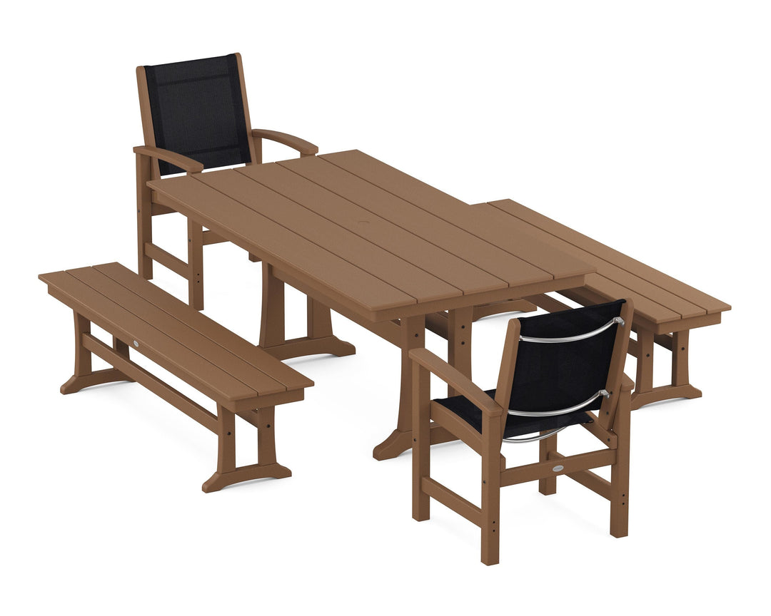 POLYWOOD® Coastal 5-Piece Farmhouse Dining Set with Trestle Legs and Benches