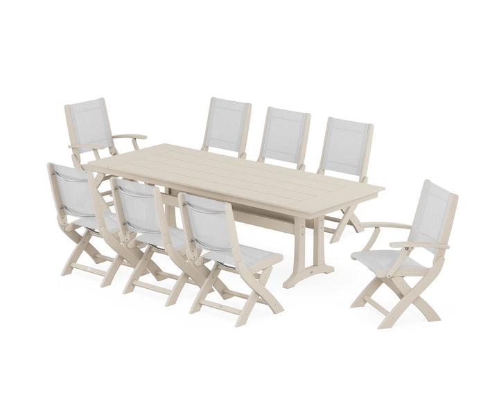 POLYWOOD® Coastal 9-Piece Folding Dining Chair Farmhouse Dining Set with Trestle Legs
