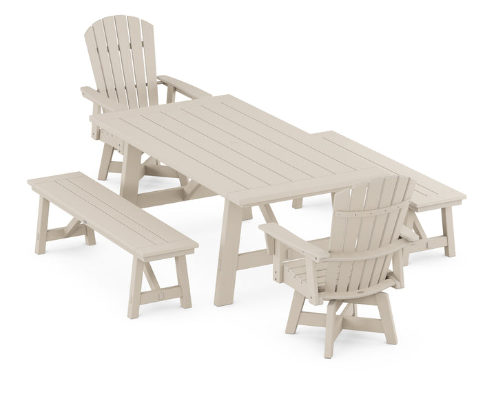 POLYWOOD® Nautical Curveback Adirondack Swivel Chair 5-Piece Rustic Farmhouse Dining Set With Benches