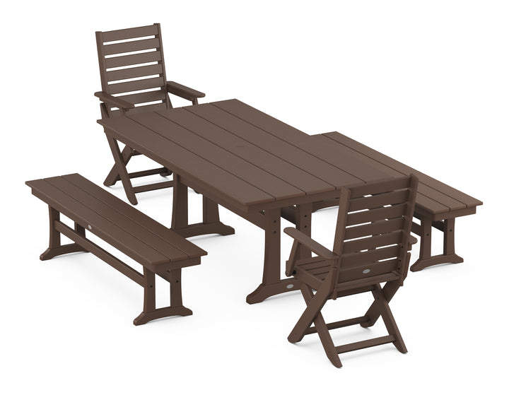POLYWOOD® Captain Folding Chair 5-Piece Farmhouse Dining Set With Trestle Legs