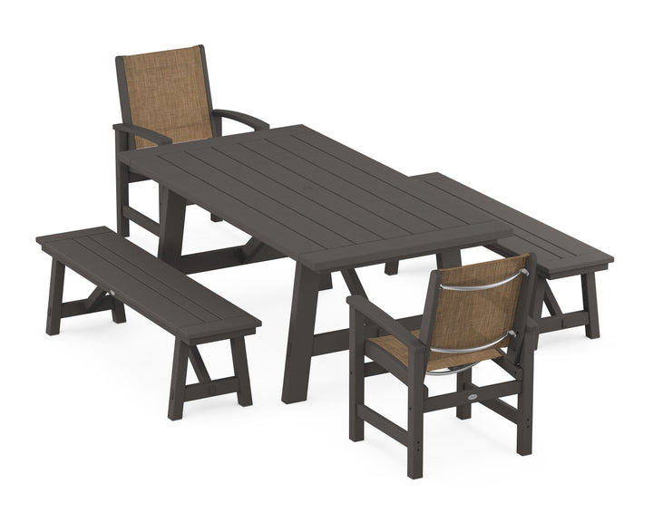 POLYWOOD® Coastal 5-Piece Rustic Farmhouse Dining Set With Benches