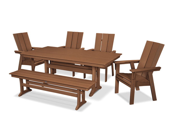 POLYWOOD® Modern Curveback Adirondack 6-Piece Farmhouse Dining Set with Trestle Legs and Bench