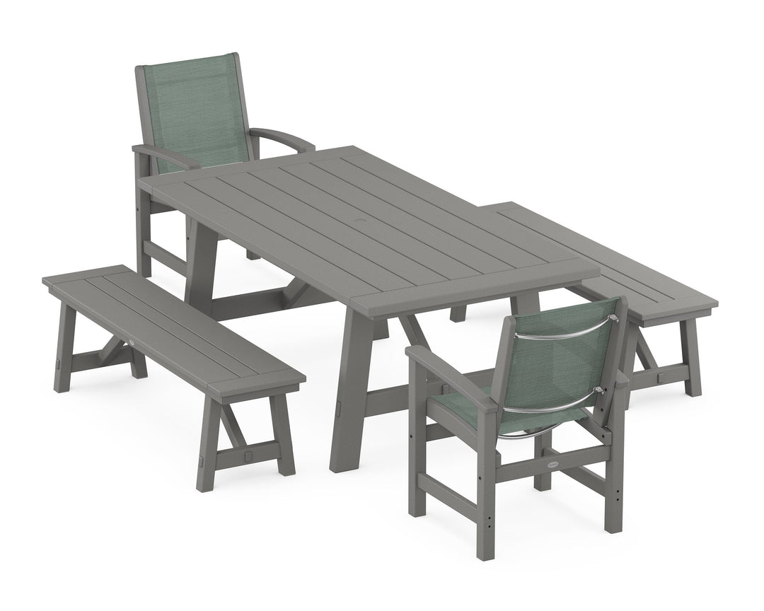 POLYWOOD® Coastal 5-Piece Rustic Farmhouse Dining Set With Benches