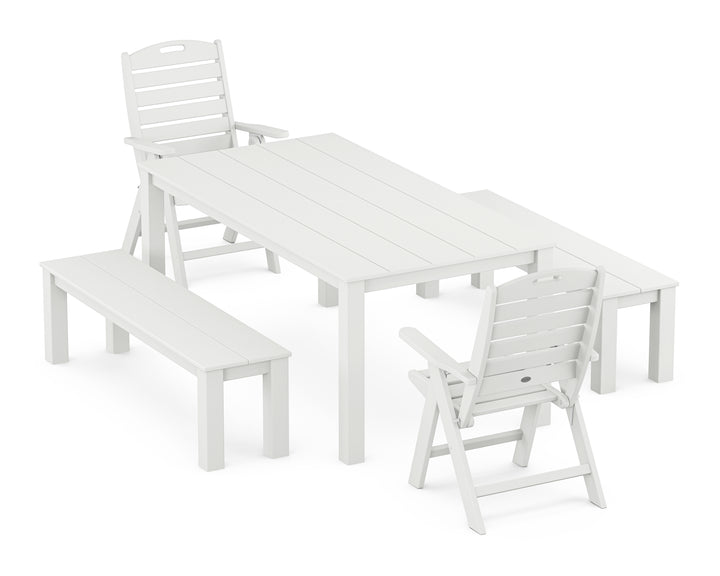 POLYWOOD® Nautical Folding Highback Chair 5-Piece Parsons Dining Set with Benches