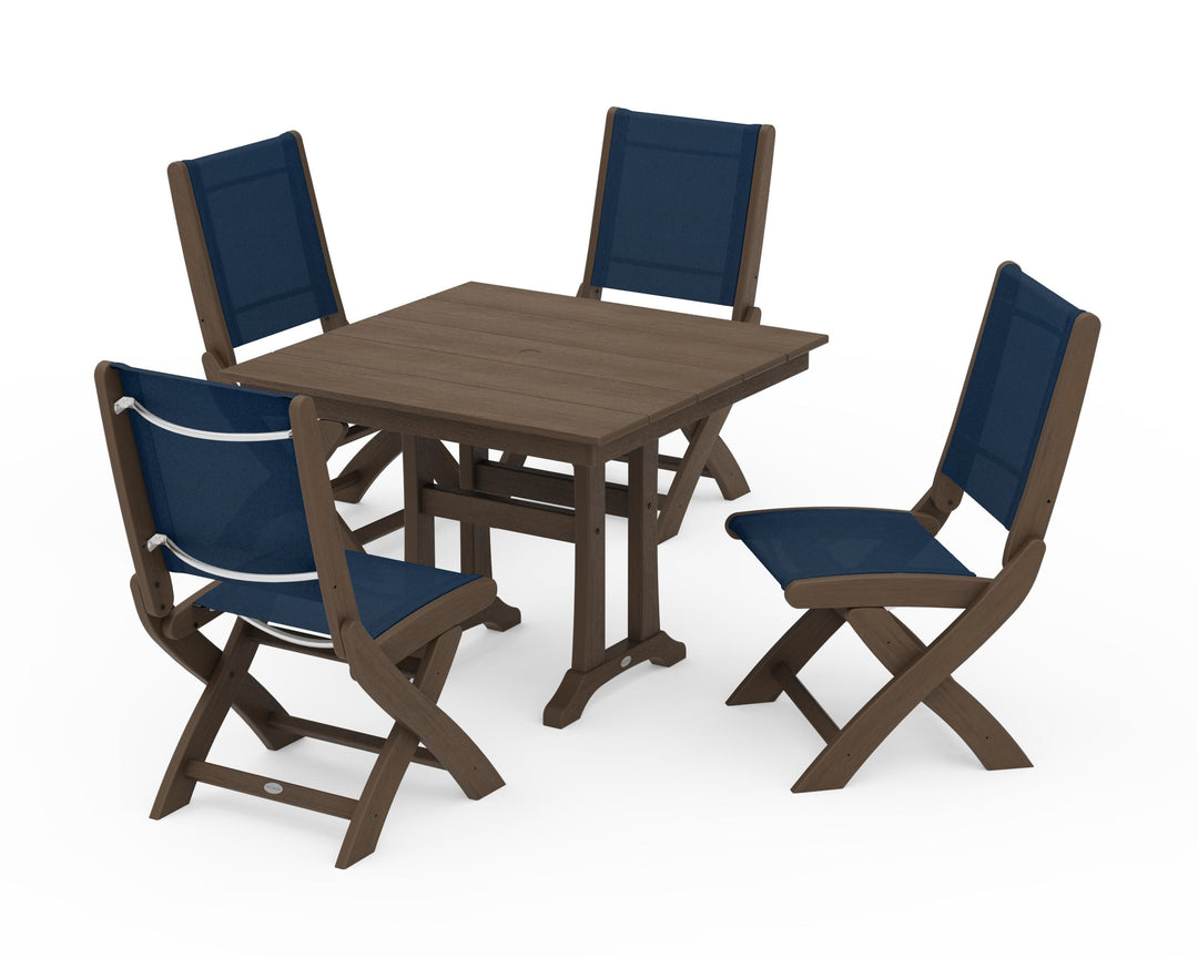 POLYWOOD® Coastal Folding Side Chair 5-Piece Farmhouse Dining Set With Trestle Legs