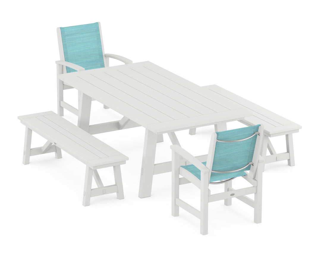 POLYWOOD® Coastal 5-Piece Rustic Farmhouse Dining Set With Benches