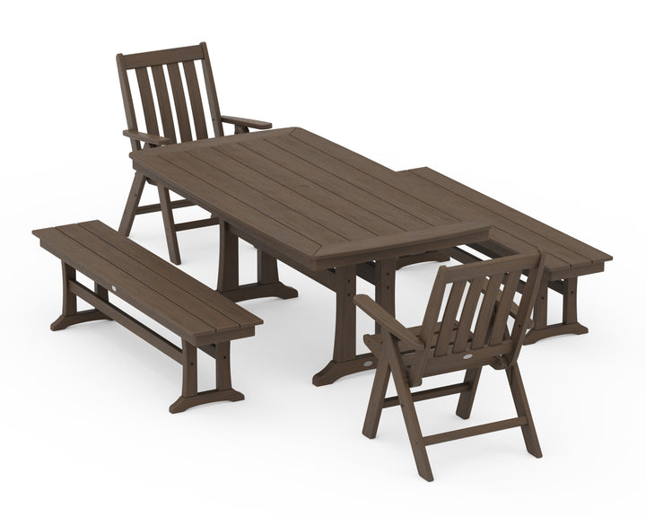 POLYWOOD® Vineyard Folding Chair 5-Piece Dining Set with Trestle Legs and Benches