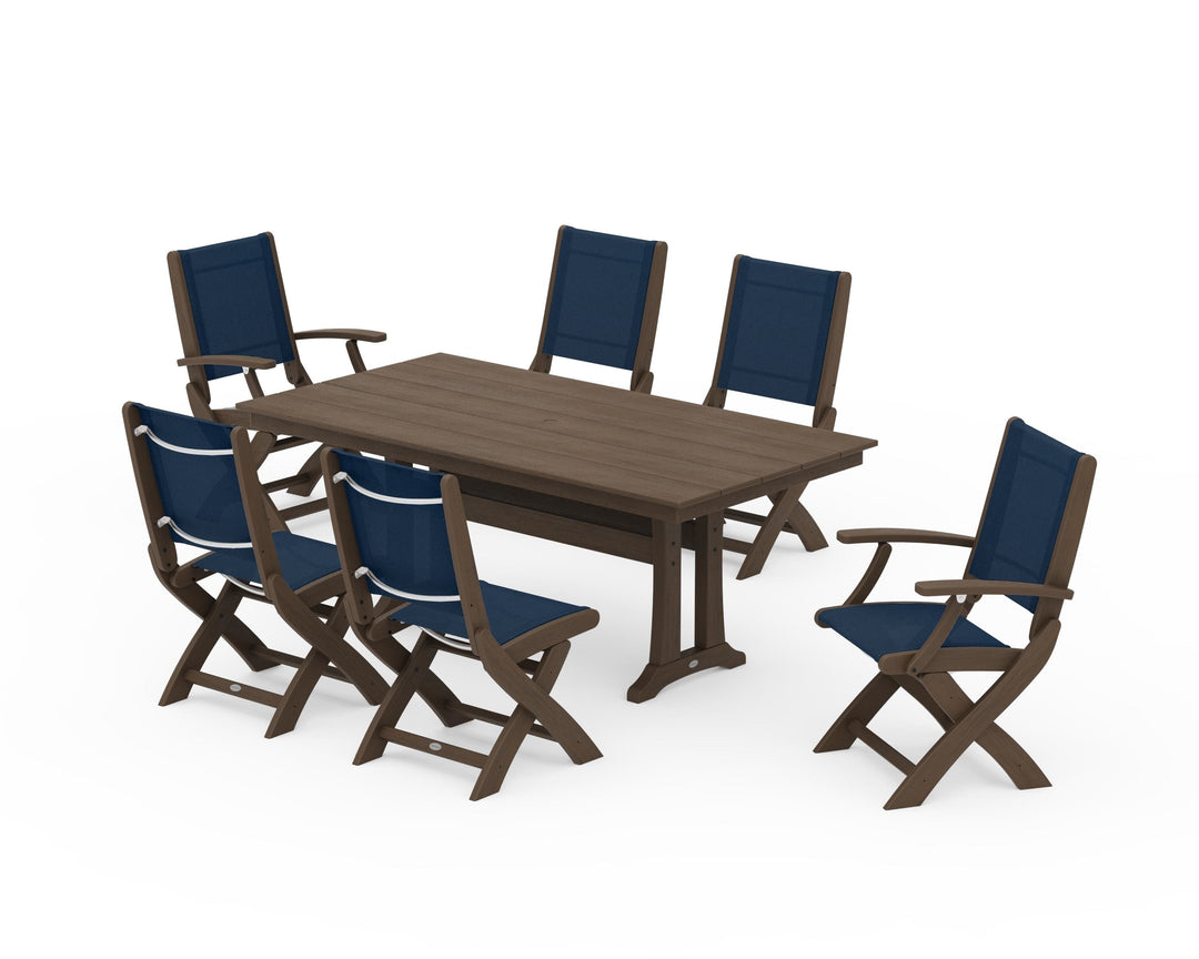 POLYWOOD® Coastal Folding Chair 7-Piece Farmhouse Dining Set with Trestle Legs