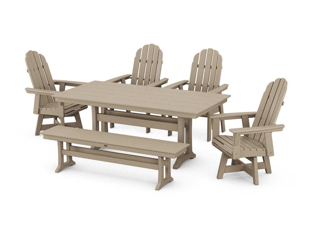 POLYWOOD® Vineyard Curveback Adirondack 6-Piece Swivel Chair Farmhouse Dining Set with Trestle Legs and Bench
