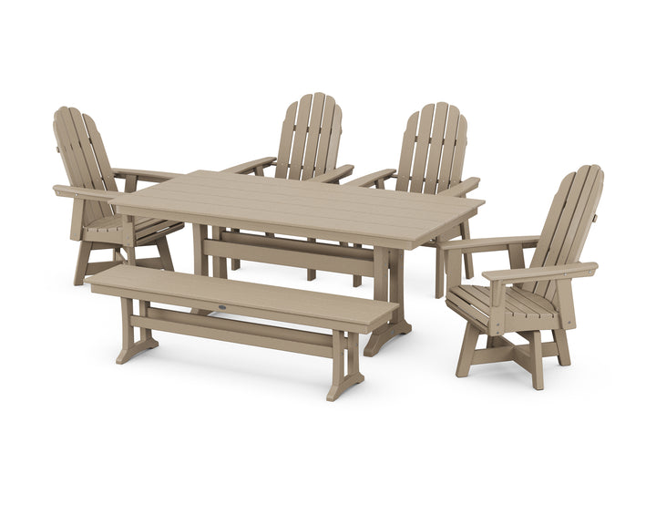 POLYWOOD® Vineyard Curveback Adirondack 6-Piece Swivel Chair Farmhouse Dining Set with Trestle Legs and Bench