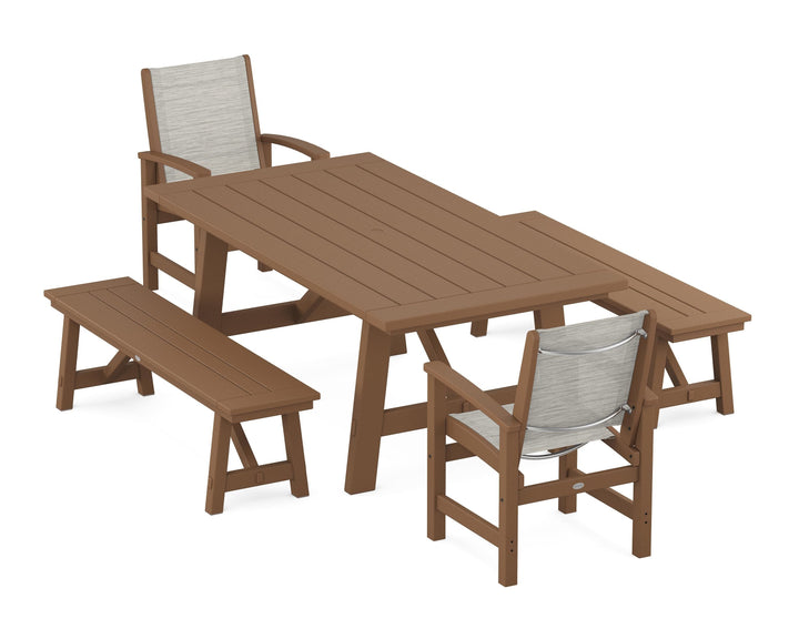 POLYWOOD® Coastal 5-Piece Rustic Farmhouse Dining Set With Benches