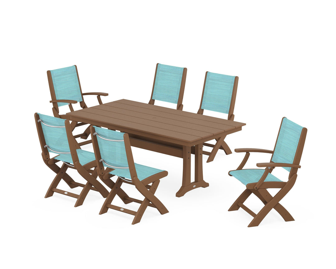 POLYWOOD® Coastal Folding Chair 7-Piece Farmhouse Dining Set with Trestle Legs