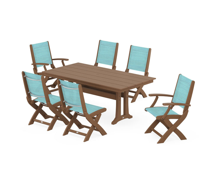 POLYWOOD® Coastal Folding Chair 7-Piece Farmhouse Dining Set with Trestle Legs