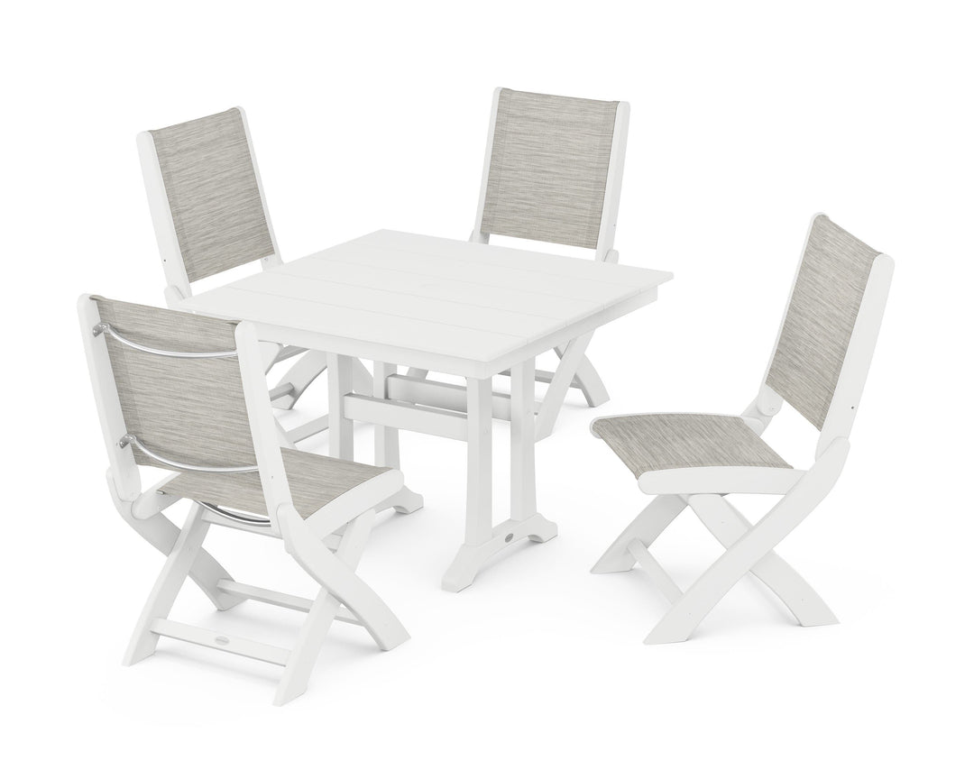 POLYWOOD® Coastal Folding Side Chair 5-Piece Farmhouse Dining Set With Trestle Legs