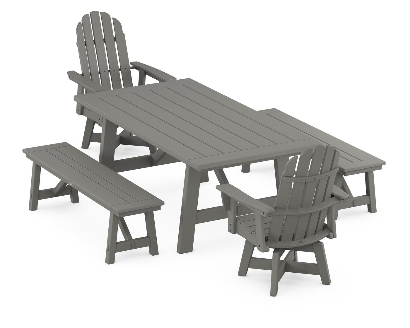 VineyardCurveback Adirondack Swivel Chair 5-Piece Rustic Farmhouse Dining Set With Benches