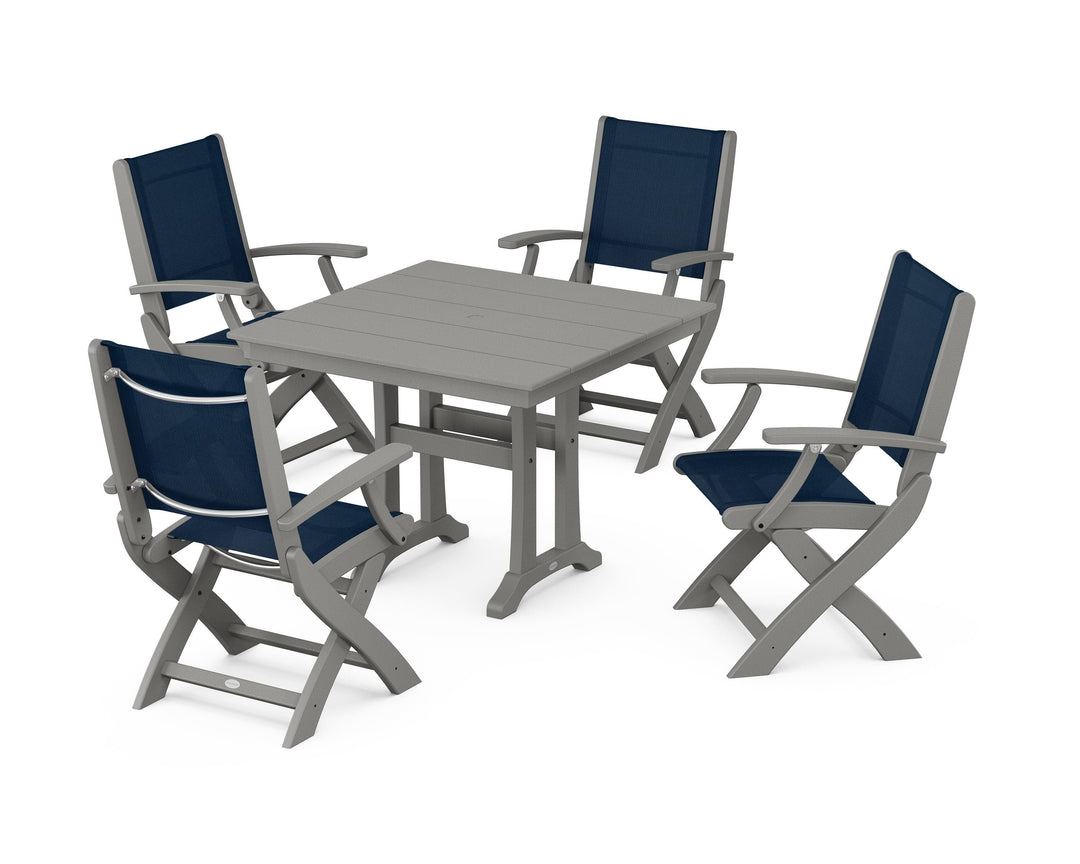 POLYWOOD® Coastal Folding Chair 5-Piece Farmhouse Dining Set With Trestle Legs