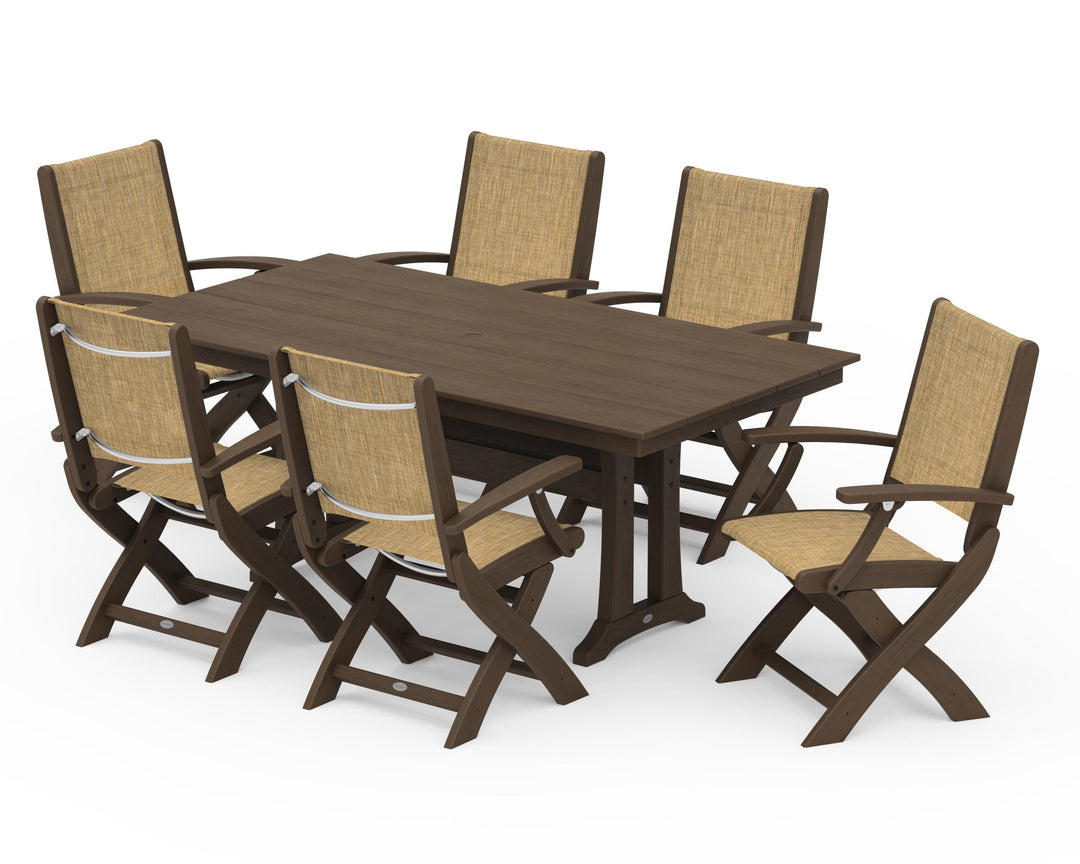 POLYWOOD® Coastal Folding Arm Chair 7-Piece Farmhouse Dining Set with Trestle Legs