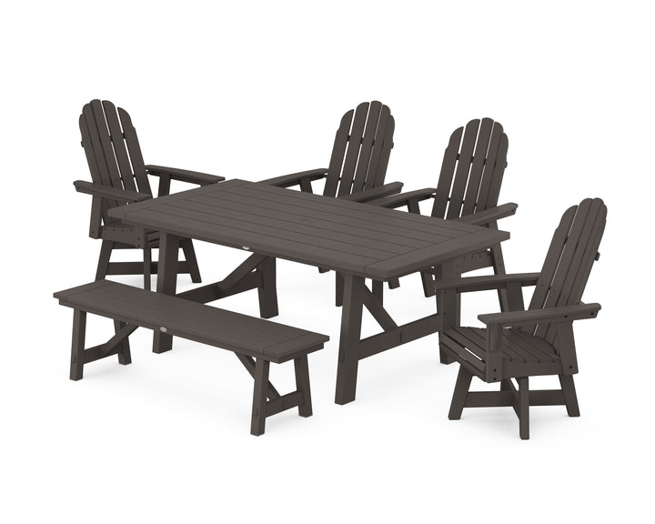 POLYWOOD® Vineyard Curveback Adirondack Swivel Chair 6-Piece Rustic Farmhouse Dining Set With Bench