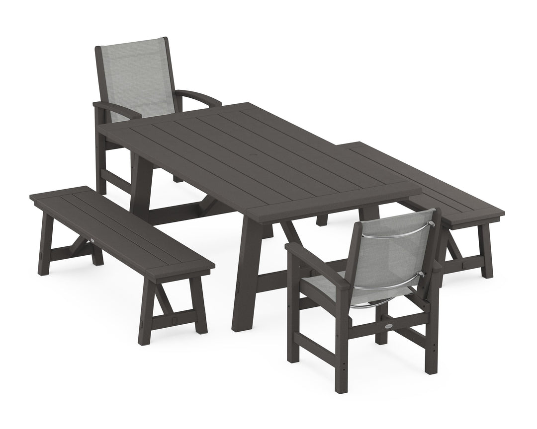 POLYWOOD® Coastal 5-Piece Rustic Farmhouse Dining Set With Benches