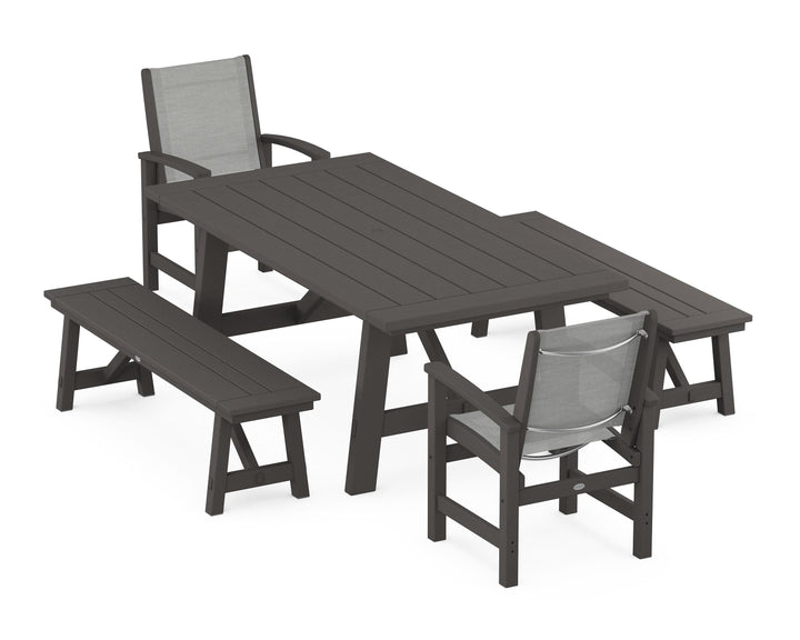 POLYWOOD® Coastal 5-Piece Rustic Farmhouse Dining Set With Benches
