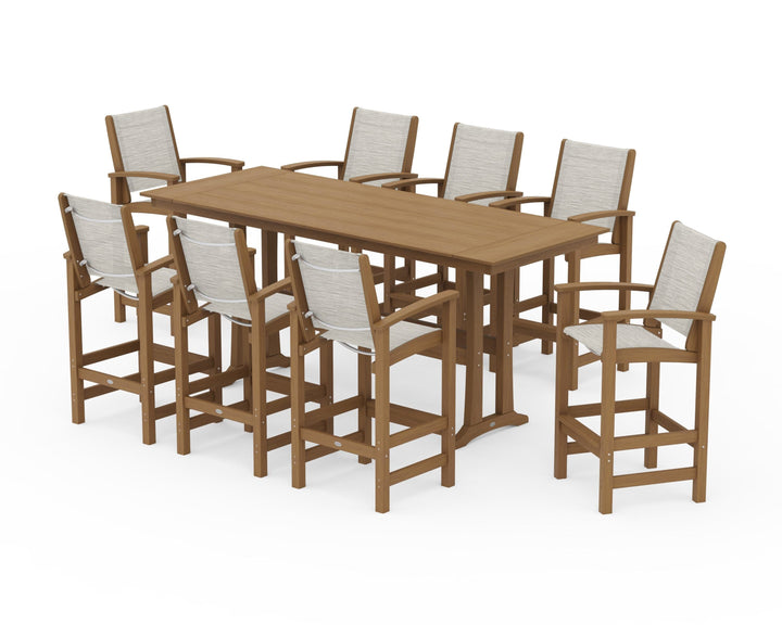 POLYWOOD® Coastal 9-Piece Farmhouse Bar Set with Trestle Legs