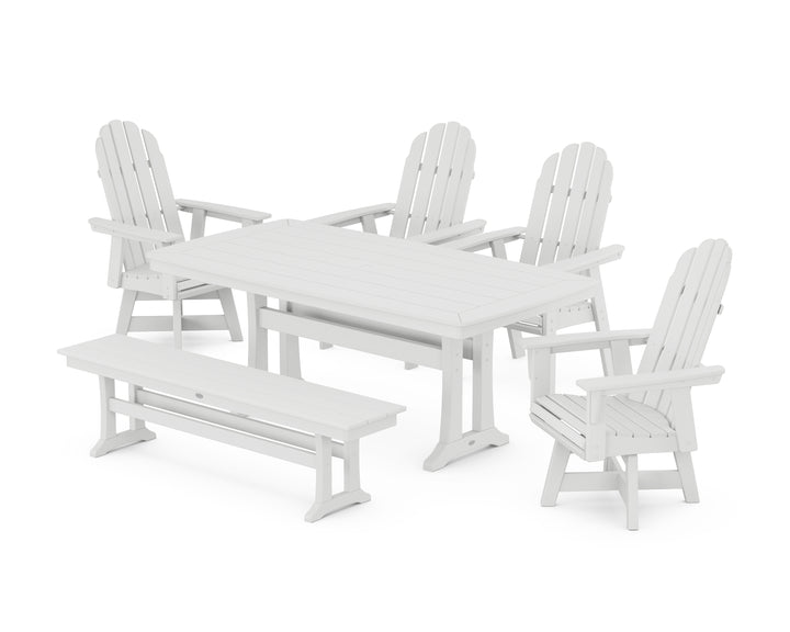 POLYWOOD® Vineyard Curveback Adirondack Swivel Chair 6-Piece Dining Set with Trestle Legs and Bench