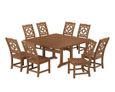 Chinoiserie 9-Piece Square Farmhouse Side Chair Dining Set with Trestle Legs