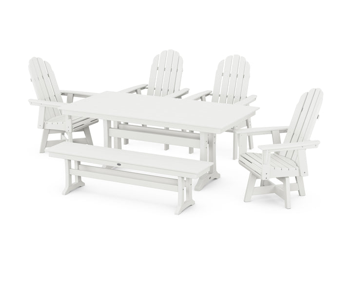 POLYWOOD® Vineyard Curveback Adirondack 6-Piece Swivel Chair Farmhouse Dining Set with Trestle Legs and Bench