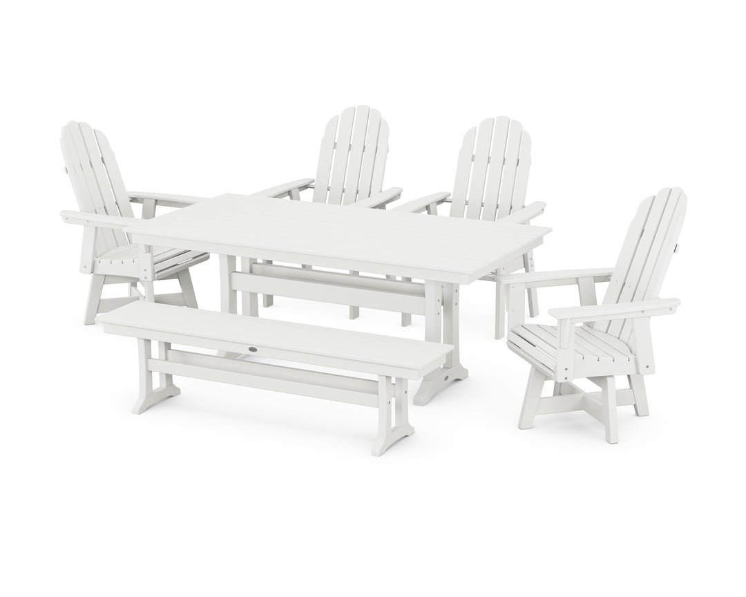 POLYWOOD® Vineyard Curveback Adirondack 6-Piece Swivel Chair Farmhouse Dining Set with Trestle Legs and Bench