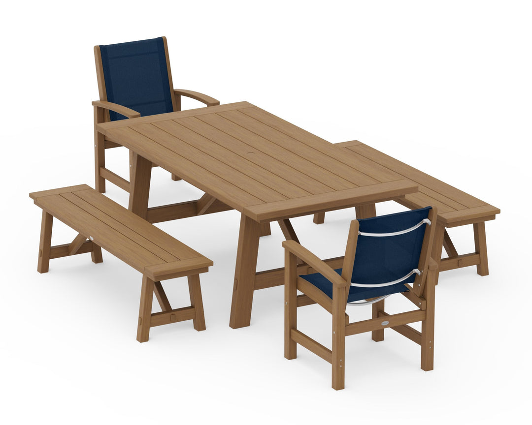 POLYWOOD® Coastal 5-Piece Rustic Farmhouse Dining Set With Benches