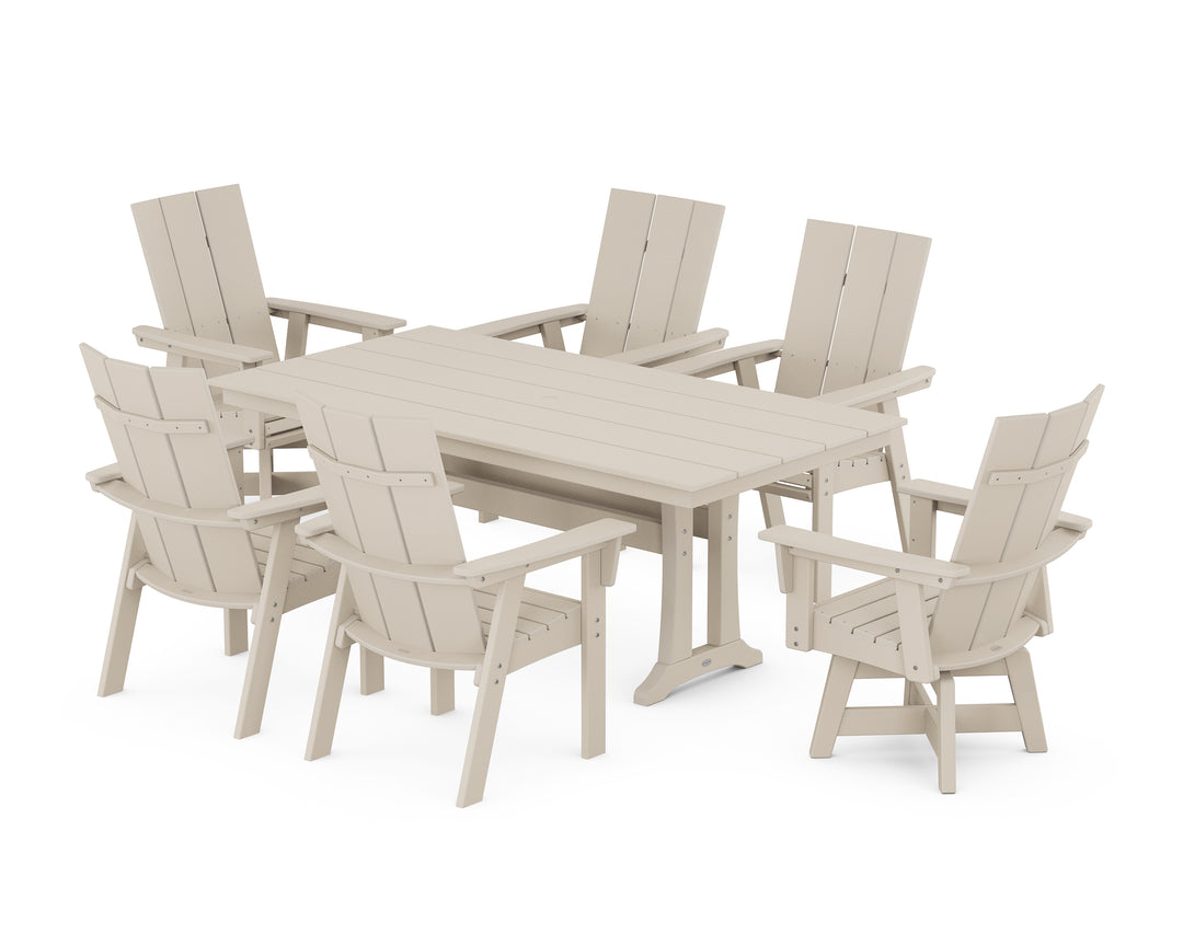 POLYWOOD® Modern Curveback Adirondack Swivel Chair 7-Piece Farmhouse Dining Set With Trestle Legs