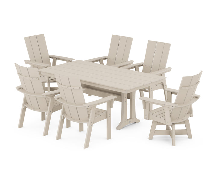 POLYWOOD® Modern Curveback Adirondack Swivel Chair 7-Piece Farmhouse Dining Set With Trestle Legs