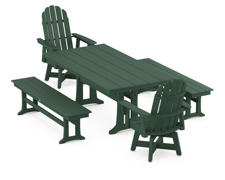 POLYWOOD® Vineyard Curveback Adirondack Swivel Chair 5-Piece Farmhouse Dining Set With Trestle Legs and Benches