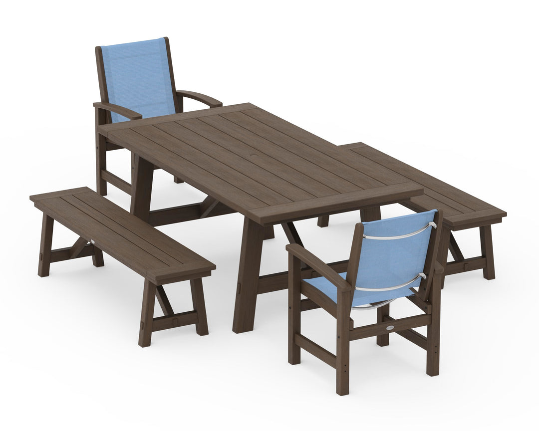 POLYWOOD® Coastal 5-Piece Rustic Farmhouse Dining Set With Benches