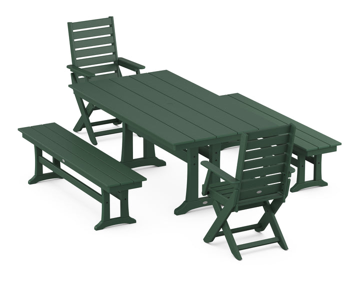 POLYWOOD® Captain Folding Chair 5-Piece Farmhouse Dining Set With Trestle Legs