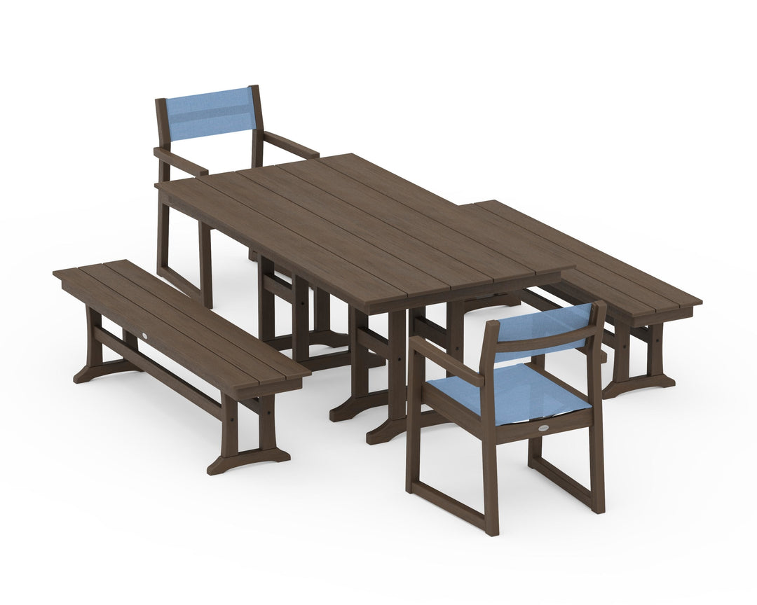 POLYWOOD® EDGE Sling Arm Chair 5-Piece Farmhouse Dining Set with Benches