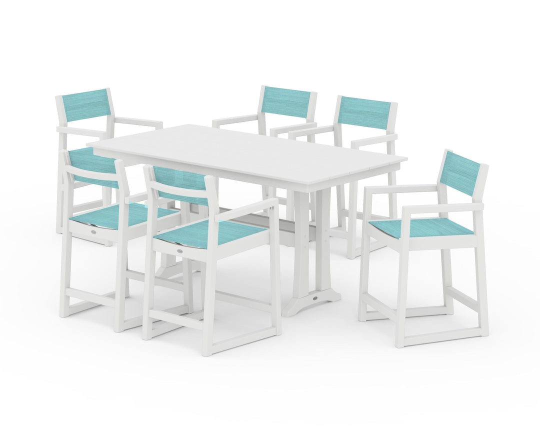 POLYWOOD® EDGE Sling Arm Chair 7-Piece Farmhouse Counter Set with Trestle Legs