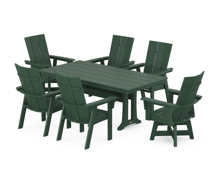 POLYWOOD® Modern Curveback Adirondack Swivel Chair 7-Piece Farmhouse Dining Set With Trestle Legs