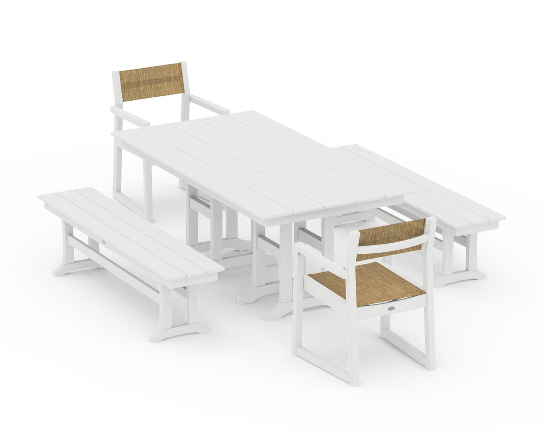 POLYWOOD® EDGE Sling Arm Chair 5-Piece Farmhouse Dining Set with Benches