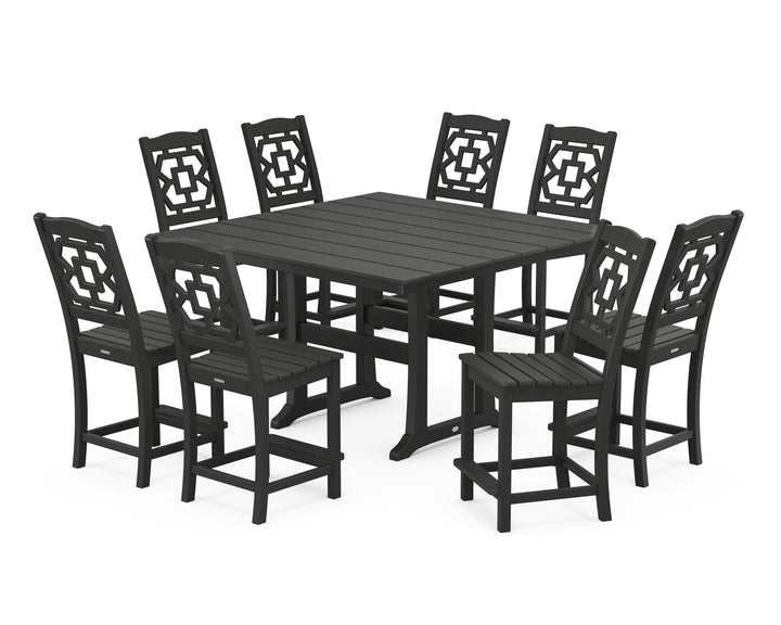 Martha Stewart by POLYWOOD® Chinoiserie 9-Piece Square Farmhouse Side Chair Counter Set with Trestle Legs