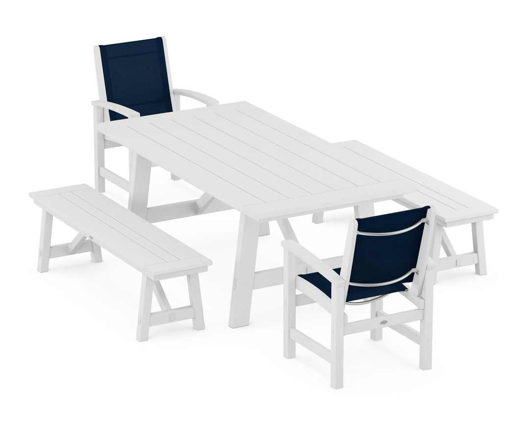 POLYWOOD® Coastal 5-Piece Rustic Farmhouse Dining Set With Benches
