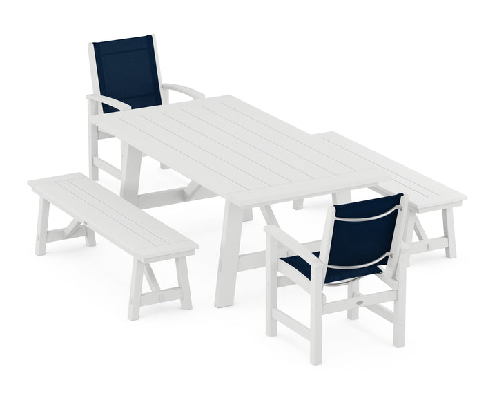 POLYWOOD® Coastal 5-Piece Rustic Farmhouse Dining Set With Benches