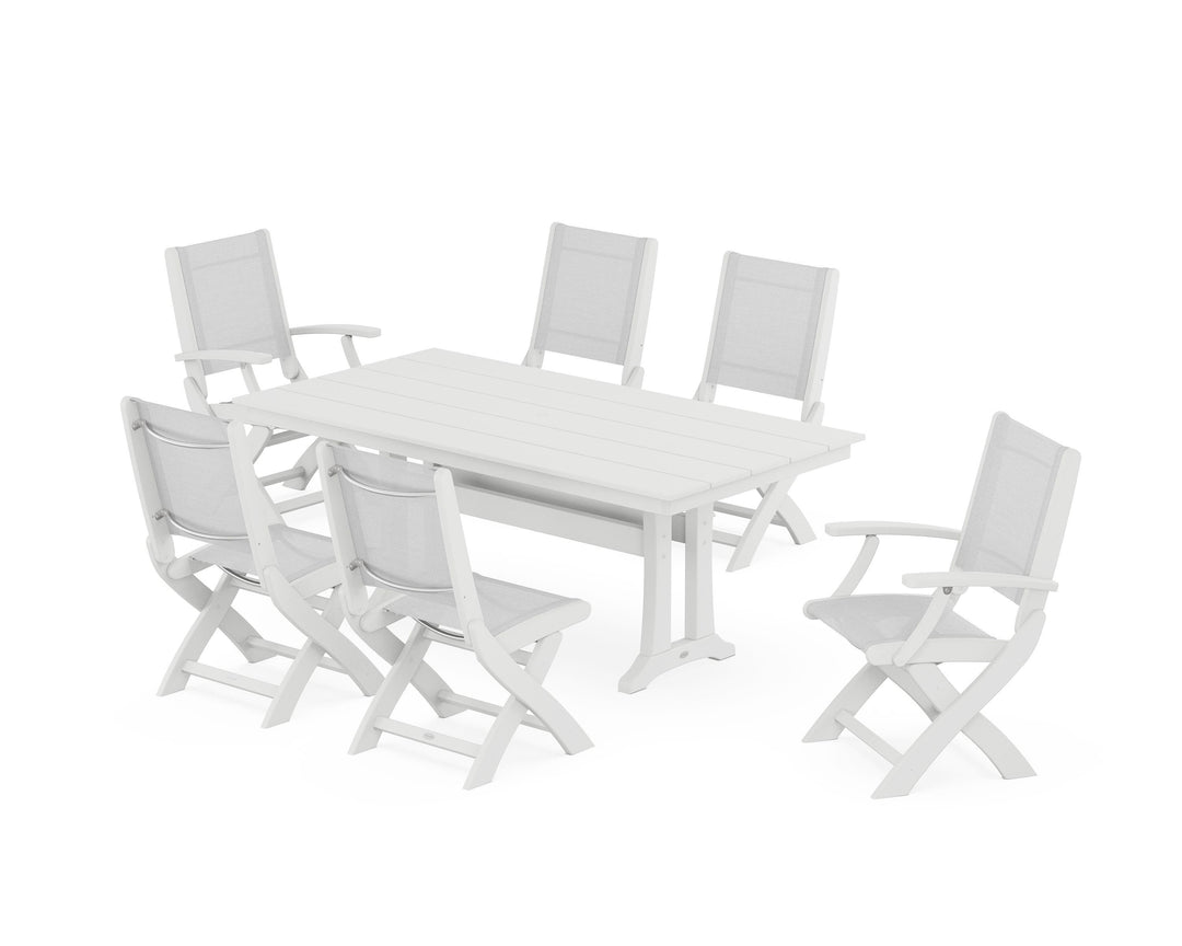 POLYWOOD® Coastal Folding Chair 7-Piece Farmhouse Dining Set with Trestle Legs