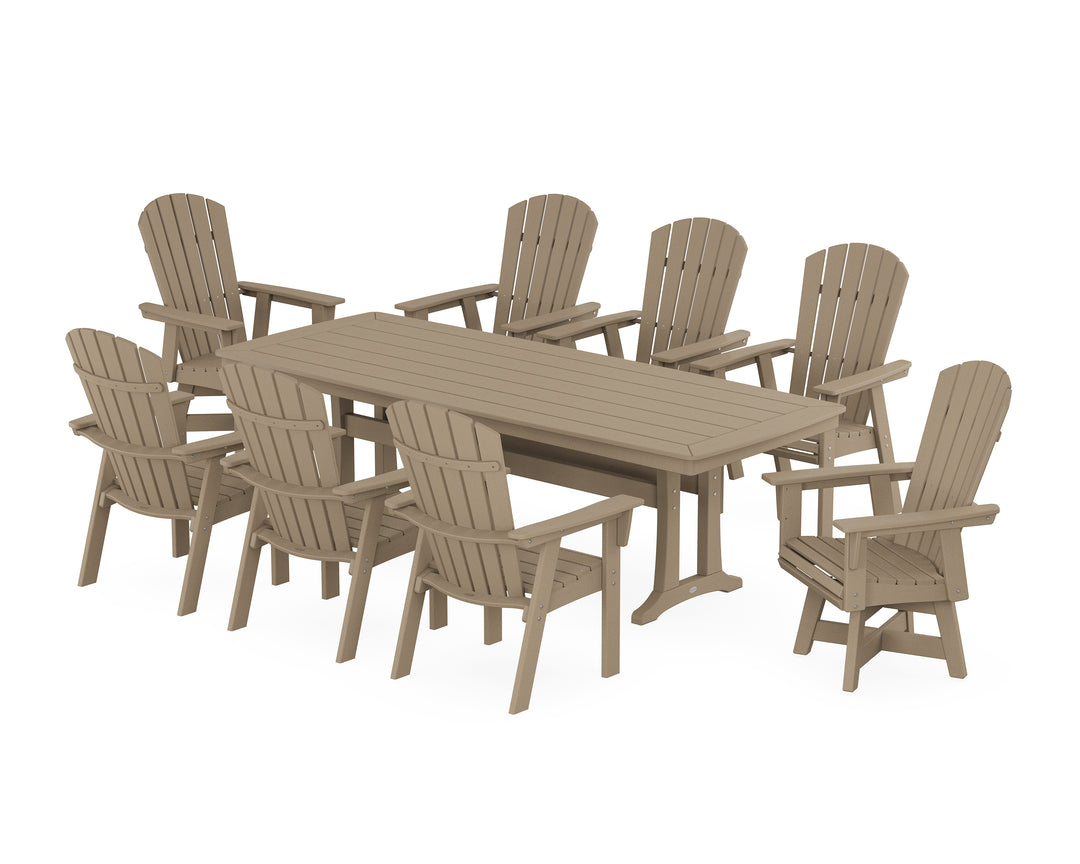 POLYWOOD® Nautical Curveback Adirondack Swivel 9-Piece Dining Set with Trestle Legs