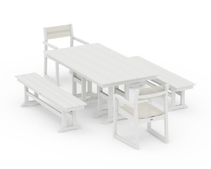 POLYWOOD® EDGE Sling Arm Chair 5-Piece Farmhouse Dining Set with Benches